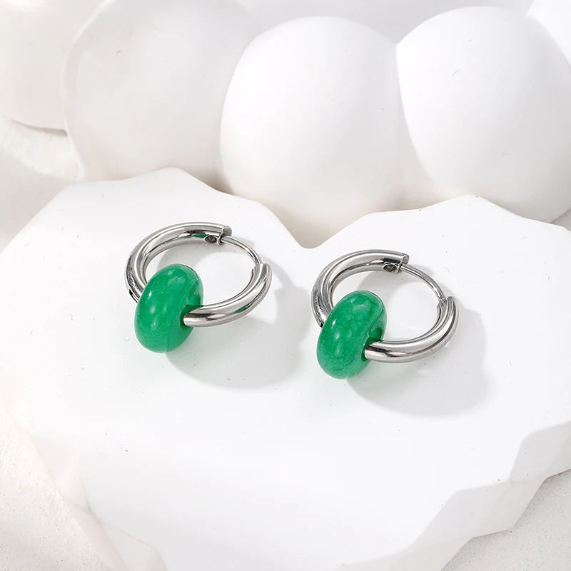 DAYOFF Adult Women Fine Imitation Silver Stainless Steel Metal Natural Green Stones Earrings/Colors-Green/Blue/Multicolor/Silver