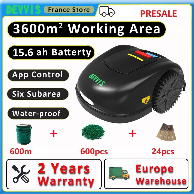 DEVVIS 5th Generation Outdoor Waterproof Black-Green Body Rechargeable 5.6AH Lithium Battery-Powered Six Subarea App Control Grass Robotic Lawn Mowers/Includes Wires-Pegs-Blades