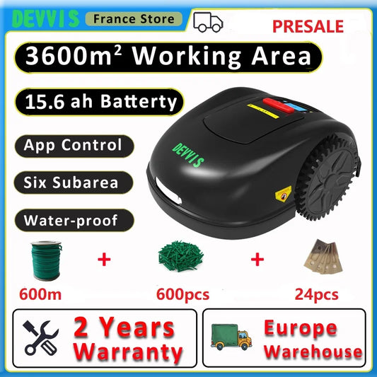 DEVVIS 5th Generation Outdoor Waterproof Black-Green Body Rechargeable 5.6AH Lithium Battery-Powered Six Subarea App Control Grass Robotic Lawn Mowers/Includes Wires-Pegs-Blades