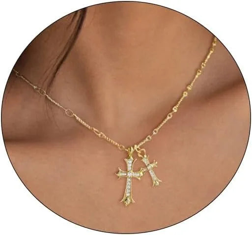 No-EN-Name-Null Women Fine Imitation 18K Gold-Plated Brass Metal Clear White Shiny Diamond-Like Stones Two Cross Pendants Chain Lobster Clasp Necklaces