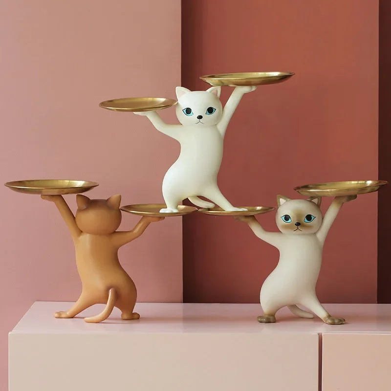 No-EN-Name-Null Modern Front Door Resin White Cat Blue Eyes Holding Two Gold Key Caddy Tray In His-Her Paws Animal Figurines /Colors-Gray/White/Gold/Blue/Brown/Animal/Multicolor