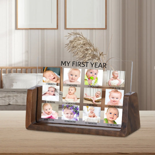 Rectangle Beech-Walnut Wood Trim Acrylic Plate Personalized My First Year Picture Frames/Sizes: S-6 x4 inch-M-7 x 5 inch-L-8 x 6 inch /Colors-Brown/Beige