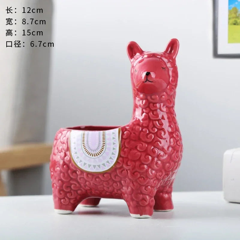 No-EN-Name-Null Home Garden Unglazed Ceramic Blue Cute Cartoon Alpaca-Owls Animal Mini Succulent Desktop Flower Pots Planters /Colors-Red/White/Blue/Gold/Animals