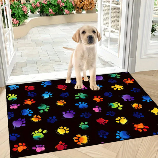 No-EN-Name-Null Indoor-Outdoor Adults Multicolor Rectangle Shaped Soft Polyester Fabric Persian Animals Paw Prints Design Anti-Slip Bottom Fade-Resistant Flannel Door Mats