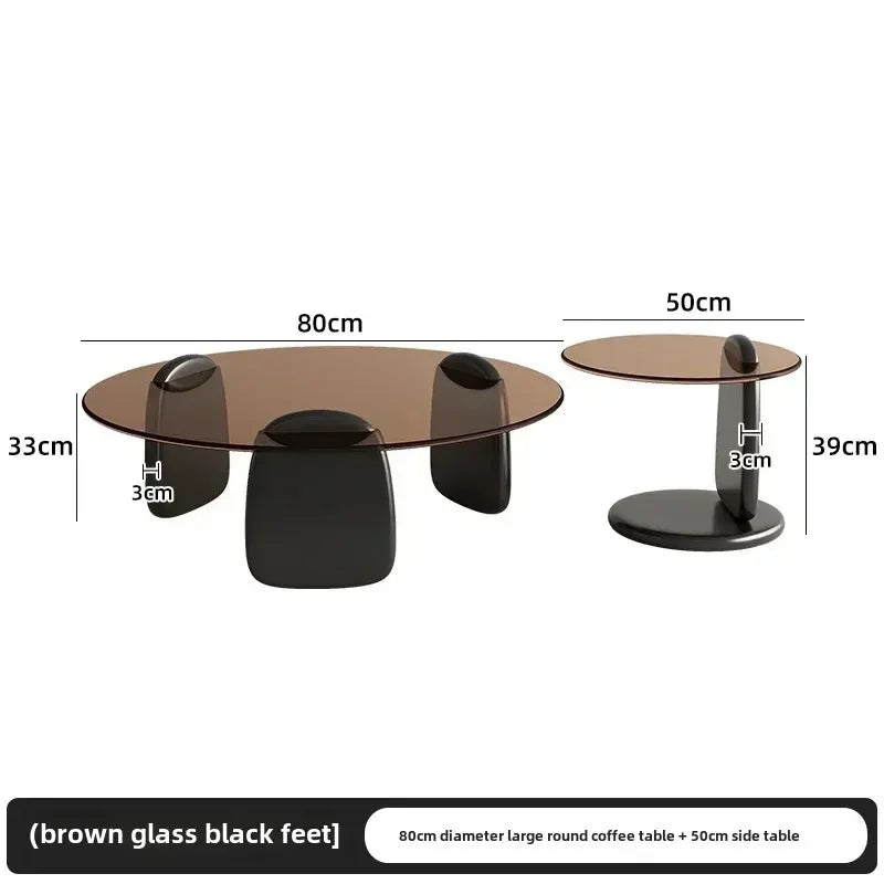 No-EN-Name-Null 2 PCS Modern Brown-Gray Thick High Tempered Glass Round Shaped Tops Solid Oak Rubberwood Three-Legged Design Coffee Table Sets/Easy To Clean/Colors-Gray Glass Tops/Brown Glass Tops