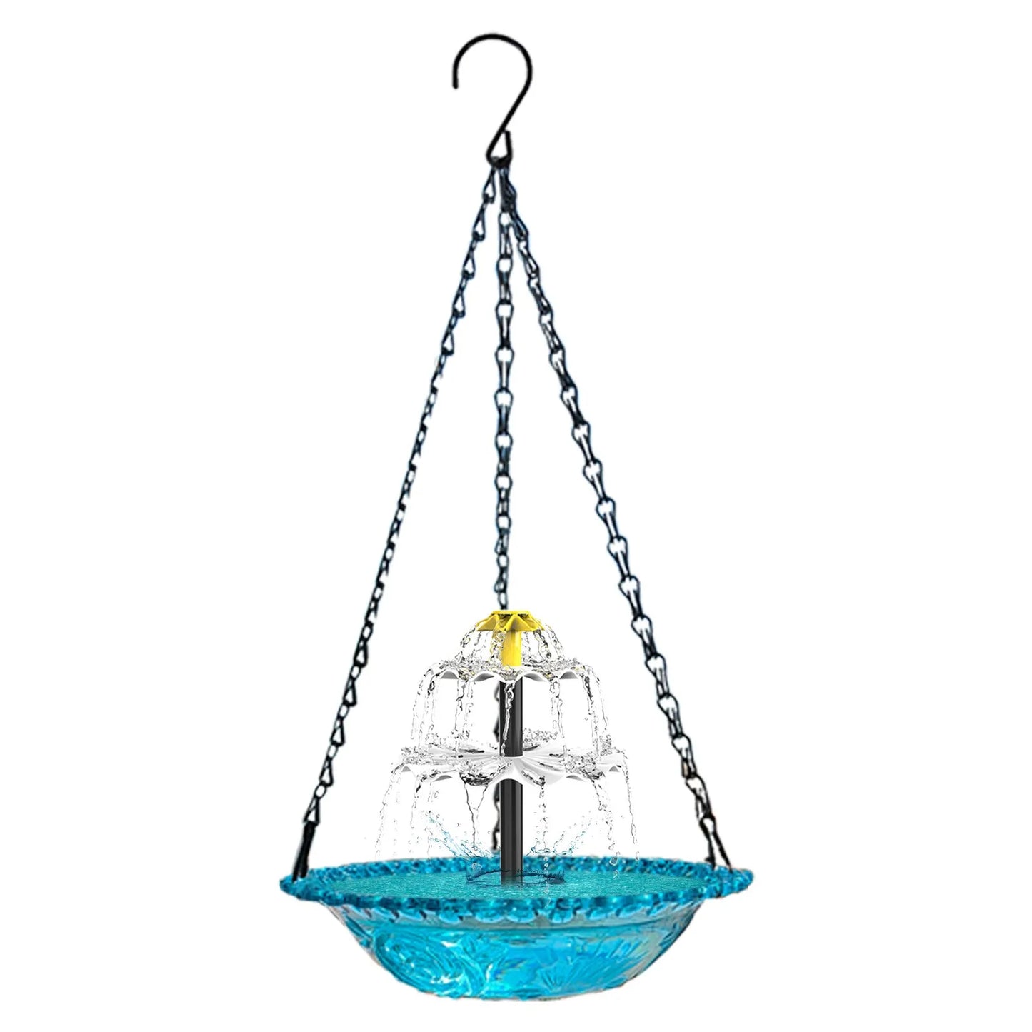 No-EN-Name-Null Outdoor Hanging Bird Bath Black Metal Chains Plastic Blue Floral Bowl Body Solar-Powered Multi-Functional Water Basin Bird Bath-Feeder-Drinking Bird Baths/ Colors-Blue/Black/Yellow/Floral