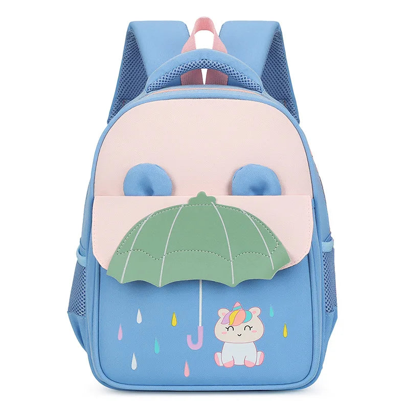 Kids Kindergarten Waterproof Blue Nylon Fabric Exterior Front Flap Pocket 3D Cartoon Animal Umbrella Design Personalized Embroidered Name  Zipper Polyester Lining Straps-Handle School Backpacks/ Phone Pocket/Colors-Pink/Blue/Multicolor