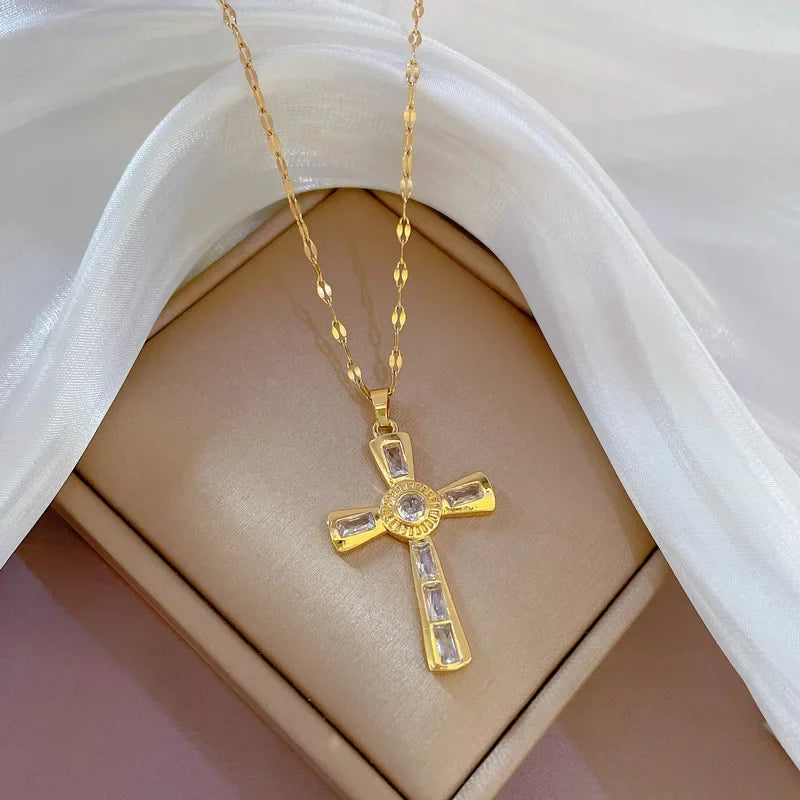 No-EN-Name-Null Women Fine Imitation Stainless Steel Gold-Plated Metal Cubic Zirconia All-Crystal Clear White Shiny Diamond Accents Stones Cross Pendant Necklaces/Colors-Brown/Clear/Green/Gold/Pink