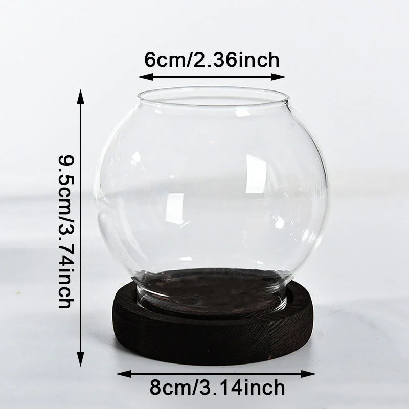 No-EN-Name-Null Modern Windproof Round Clear Transparent Glass Shades Round Brown-Black Wood Base Tealight Candle Holders