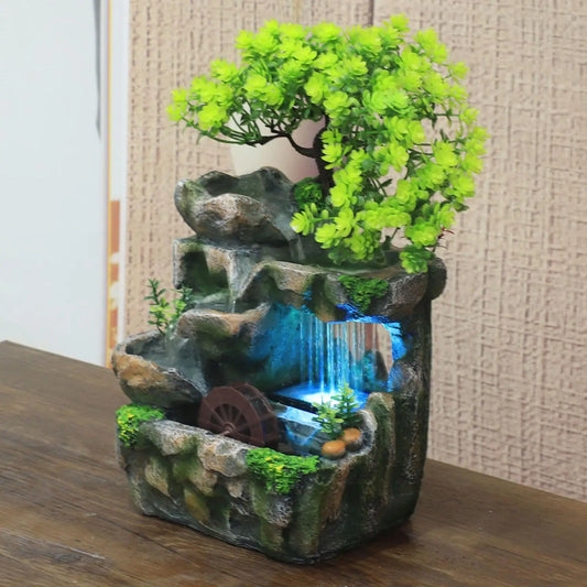 Indoor LED Lights Resin Green Bonsai Tree Rocky Mountain Landscape Brown Wheel Flowing Waterfall Tabletop Fountains/Built-In Automatic Pump