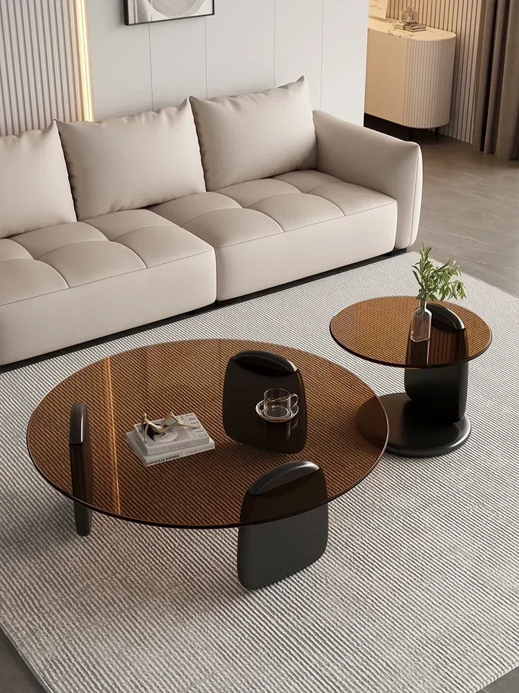 No-EN-Name-Null 2 PCS Modern Brown-Gray Thick High Tempered Glass Round Shaped Tops Solid Oak Rubberwood Three-Legged Design Coffee Table Sets/Easy To Clean/Colors-Gray Glass Tops/Brown Glass Tops