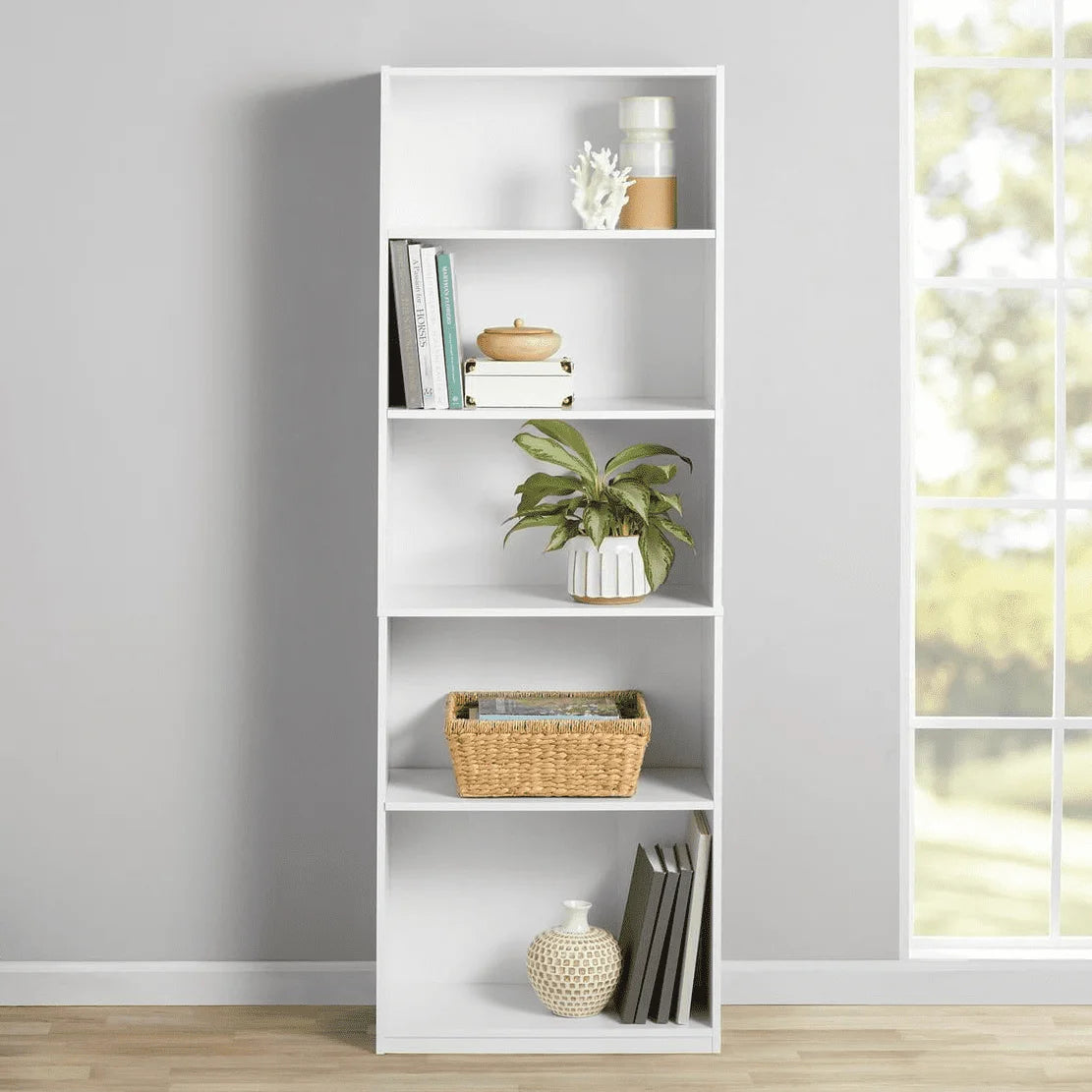 XMSJ Indoor MDF Black Oak Wood Free-Standing Wall-Mounting Adjustable 5-Shelves Rack-Bookcases/ Colors-True Black Oak/White/Dimensions: 24.88" W x 11.65" D x 71.42" H