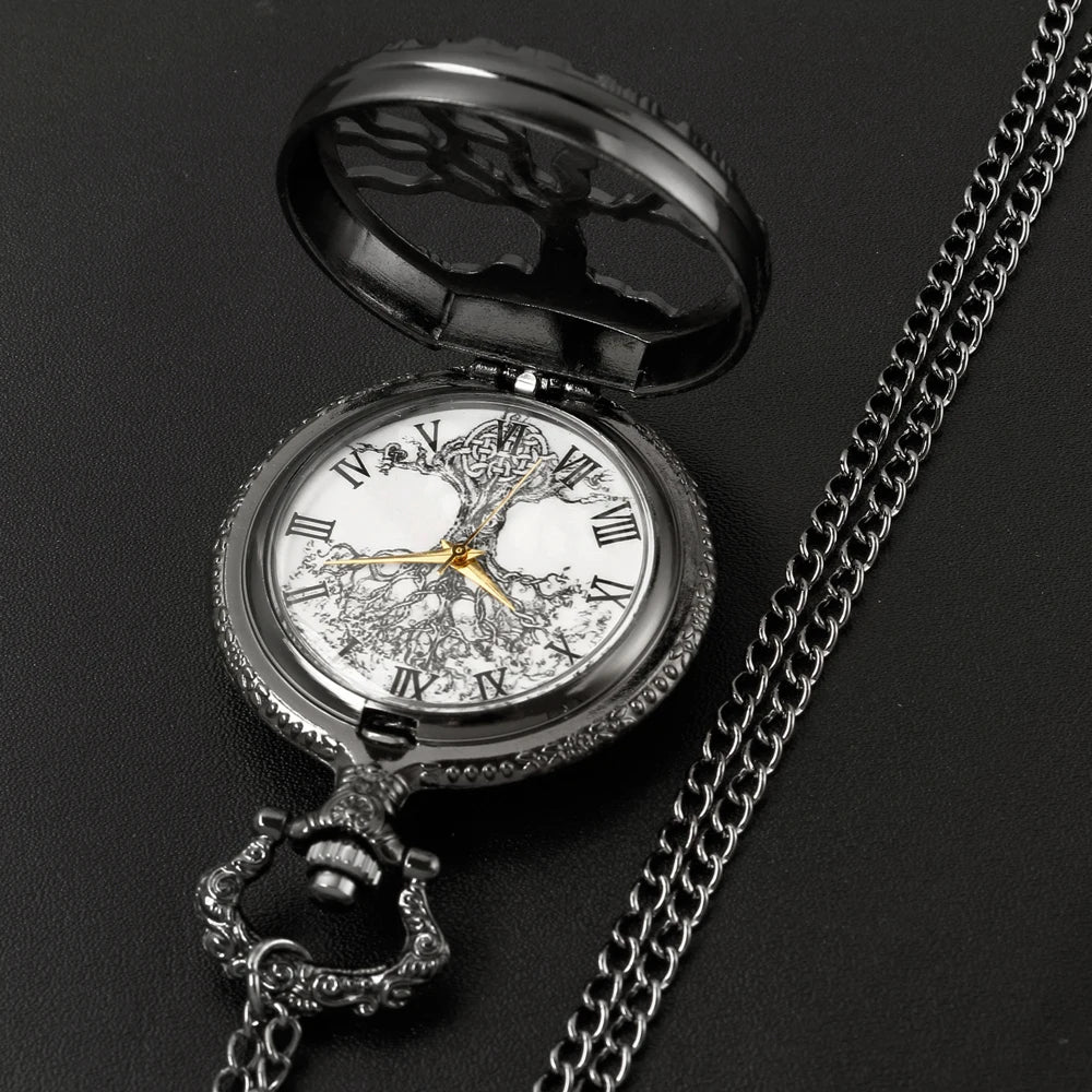SHUHANG Unisex Adults Waterproof Vintage Antique Acrylic Face Black Round Shaped Quartz Movement Stainless Steel Metal Case Analog Display All Black Roman Numeral Hallow-Out Garden Of Eden Tree Of Life Sweater Necklace Chain-Pocket Watches