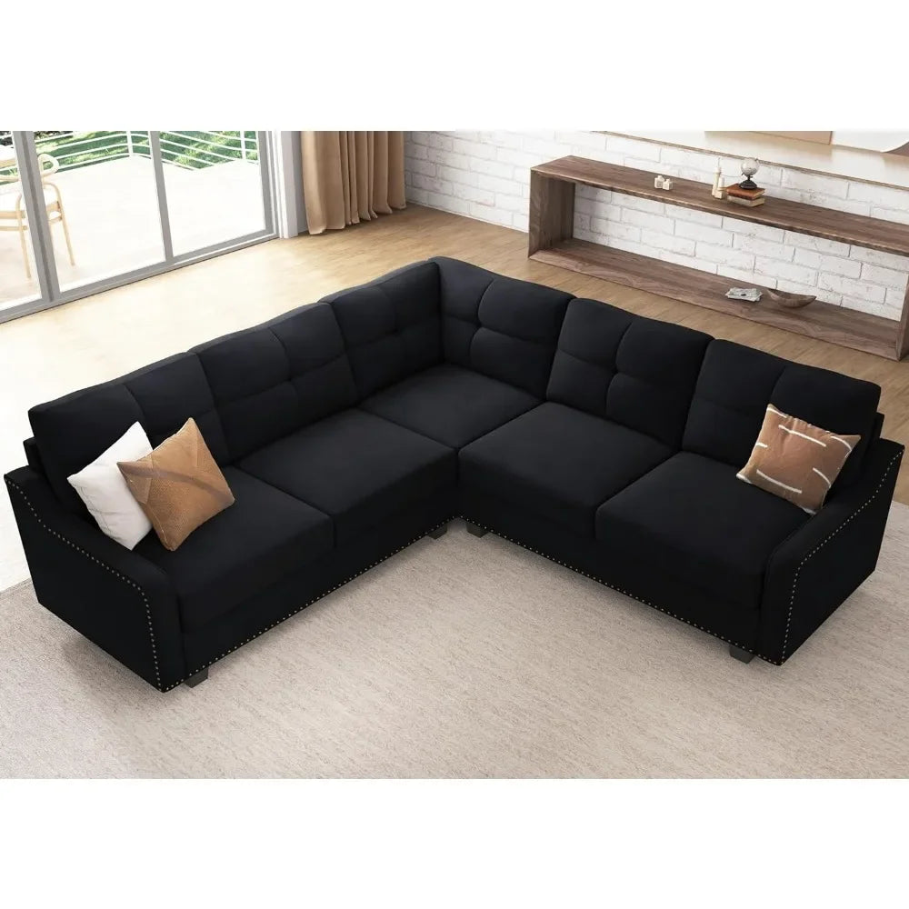 No-EN-Name-Null Modern Medium Firmness L-Shaped Wood Framed Sectional Soft Plush Velvet Fabric Cushions Sofas/Colors-Black/Dark Blue/Dark Gray/Size: (D x W x H): 82.7 x 82.7x 36.2 inches/Weight Capacity: 1,488 lbs