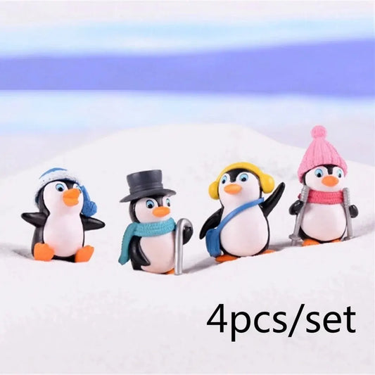 Decorative Christmas Holiday DIY Craft 4 PCS Plastic Resin Mini Nature Winter Wonderland Adorable Cute Black-White Penguin Figurine Sets/Colors-Animal/Black/White/Pink/Blue/Multicolor