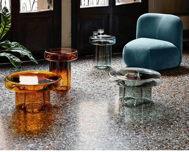 No-EN-Name-Null Modern Non-Toxic Tasteless Petal Side Green-Amber Round Shaped Transparent Blown Glass Corner Coffee Tables