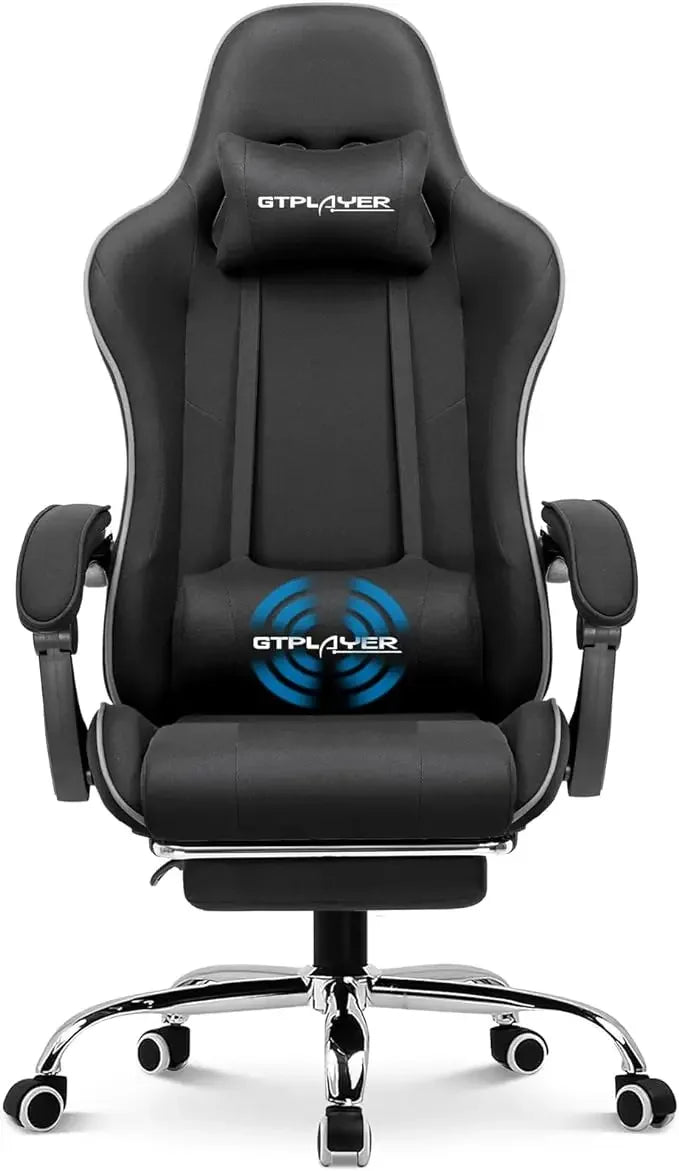 XMSJ Ergonomic Upholstered Padded Black Faux Leather Adjustable Headrest Neck-Back Massaging Lumbar Support Metal Frame Gaming Chairs/5 Plastic Wheels/Colors-Black/Purple/Gray/White/Multicolor