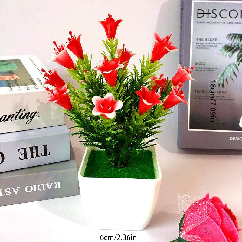 Plastic Bonsai Magnoliopsida Small Flower Pot Artificial Plants/ Colors-Red/Floral