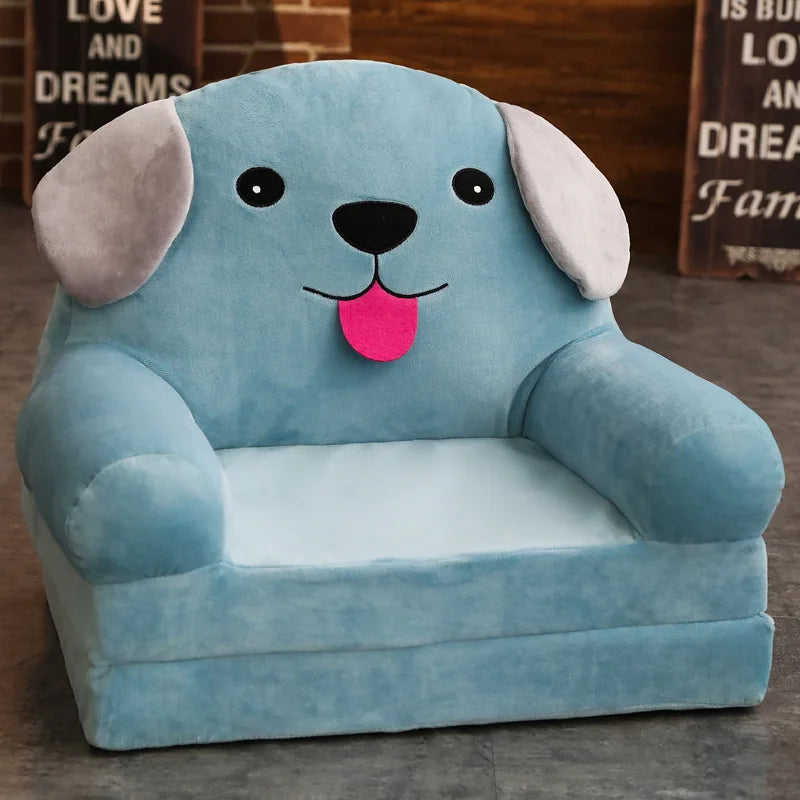 MDNG Modern Kids Customized Upholstered Padding Cute Soft Gray Velvet Fabric Cartoon Animal Faces Folding-Out Play Arm Chairs/Sponge Filling/Colors-Green/Pink/Yellow/Gray/Animals