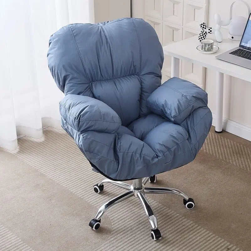 No-EN-Name-Null Mahjong Beige Upholstered Soft Plush Comfortable Fabric Adjustable Rotating Armed Five-Point Metal Four Roller Wheels Base Computer Office Chairs/Pull-Out Footrest/ Colors-Gray/Pink/White/Blue/Beige
