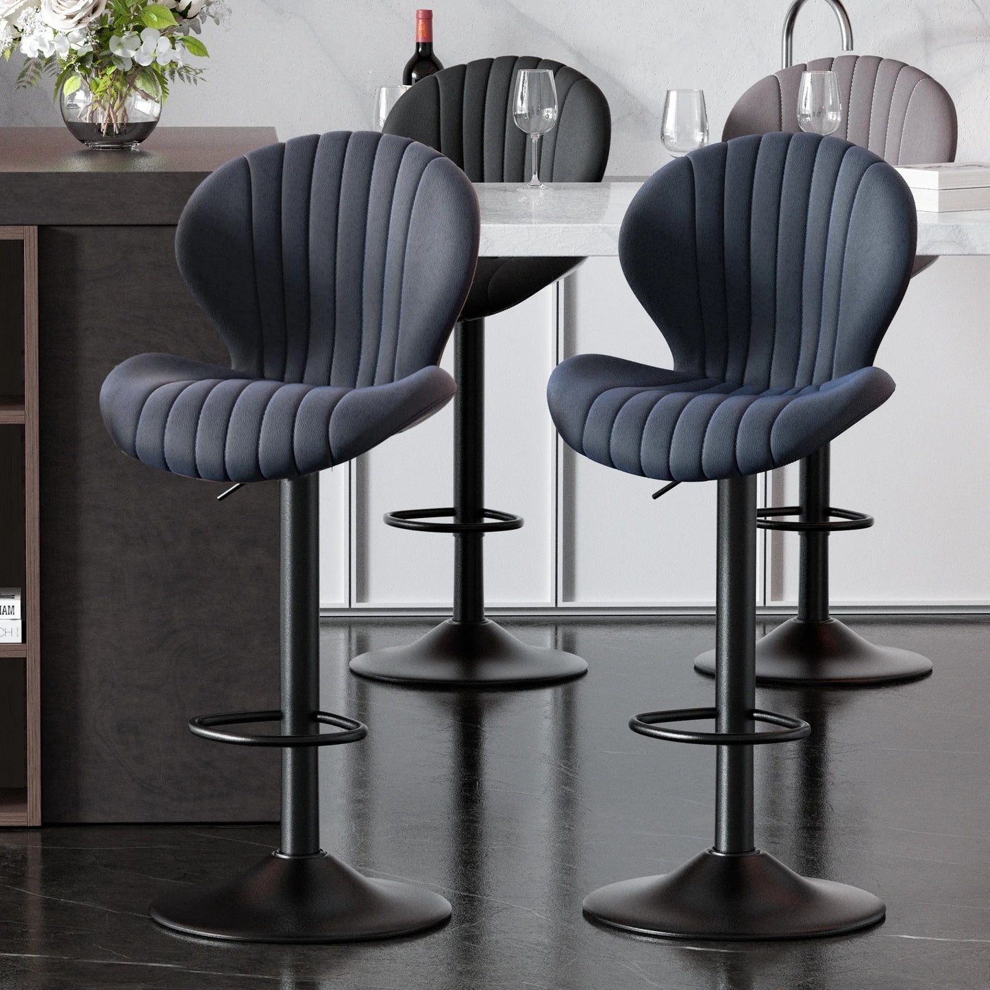 No-EN-Name-Null 2 PCS Waterproof Low Backrest Armless Upholstered Padded Shell Shaped Soft Faux Leather Fabric Seat Cushion Black Metal Round Base-Footrest Bar Kitchen-Dining Room Chair Sets /Colors-White/Beige/Gray/Black/Brown