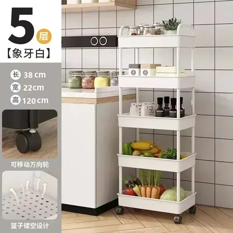 3-5 Tiers Plastic Kitchen Shelves Storage Caddies/4 Wheels/Colors-White/Black