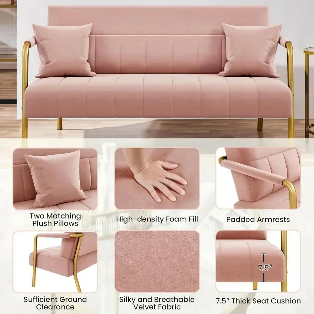 No-EN-Name-Null Modern Gold-Tone Iron Metal Padded Armrests-Legs Pink Soft Polyester Fabric Thick Cushion 2-Seater Loveseat Sofas/Colors-Green/Pink/Light Gray/Two Matching Pink Pillows/Weight Max : 600 LBS
