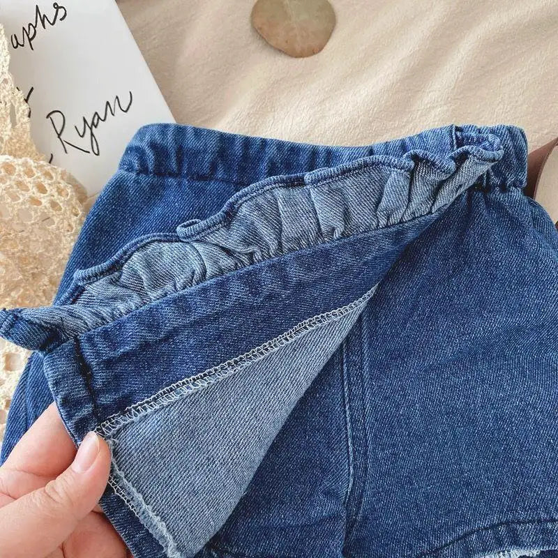 UIVSOUN Newborn Babies Girls-Toddlers Summer Breathable Easy-Snaps Triple Breasted Closure O-Neck Collar Cotton White Lace Sleeveless Shirts-Blue Denim Brace Skirt Sets/Ages: Newborn- 6 Years Old