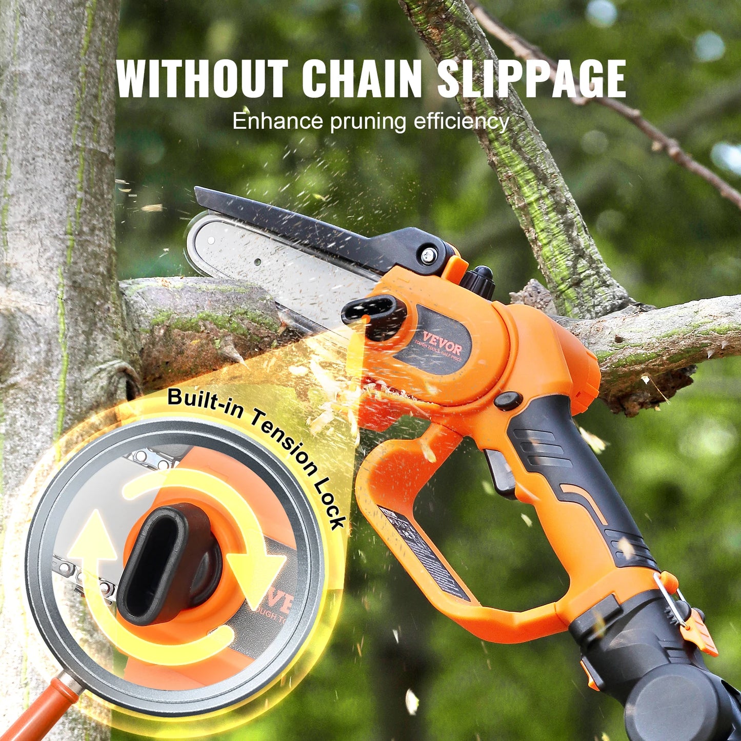VEVOR Outdoor DC-Powered Rechargeable Battery-Powered 2-in-1 Cordless Orange-Black-Silver Pole Saw-Mini Woodcutting Chainsaw Sets/Outdoor Battery Charger/20V 2Ah Battery/Colors-Orange/Black/Silver