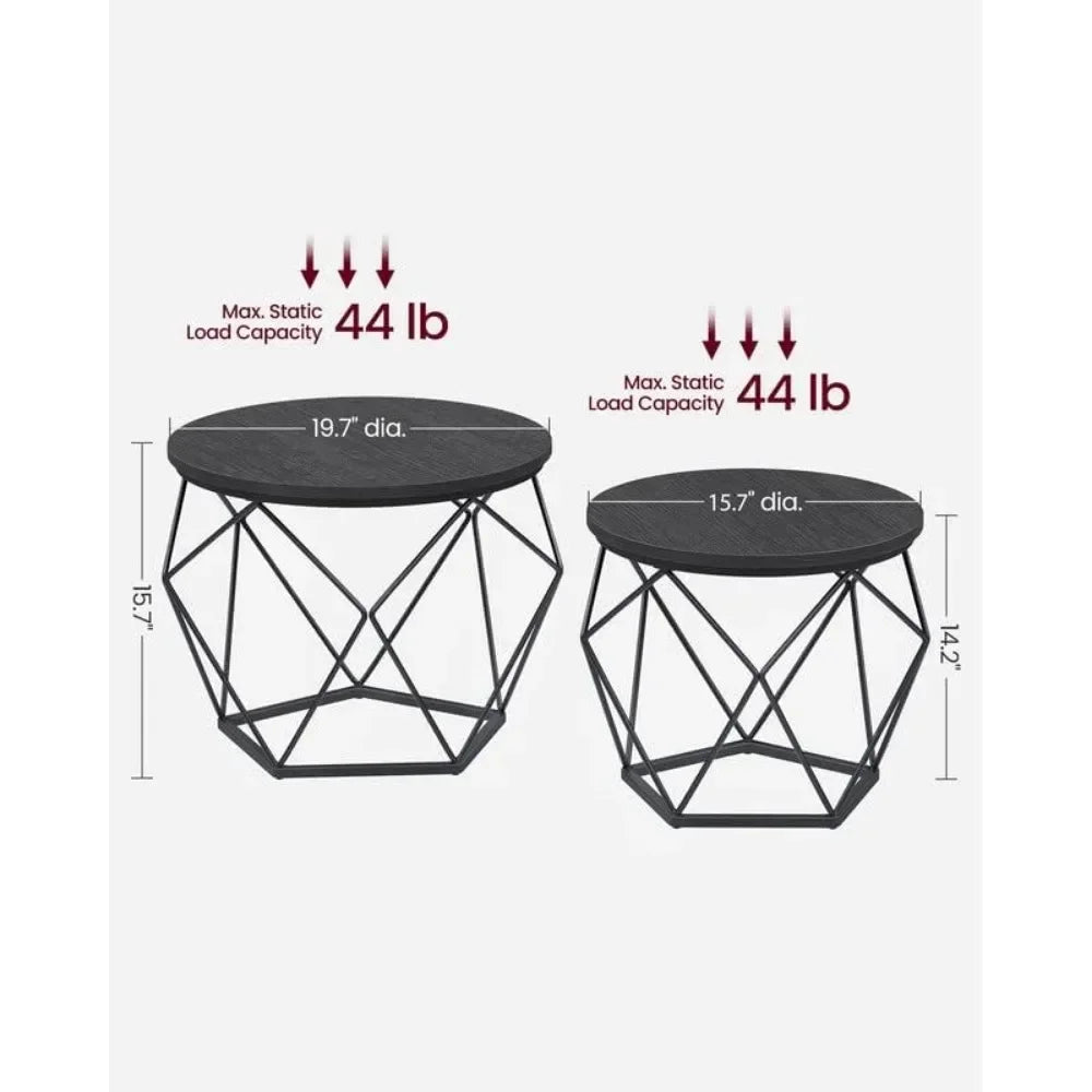 No-EN-Name-Null 2 PCS Rustic Brown Round Wood Top Steel Frame Coffee Table Sets/Colors-Rustic Brown-Black Base/Charcoal Gray-Black Base/White Marble-Black Base/Beige-Black Base/Size:( Large Size) 19.7cm W x 15.7cm H/( Small Size) 15.7cm W x 14.2cm H