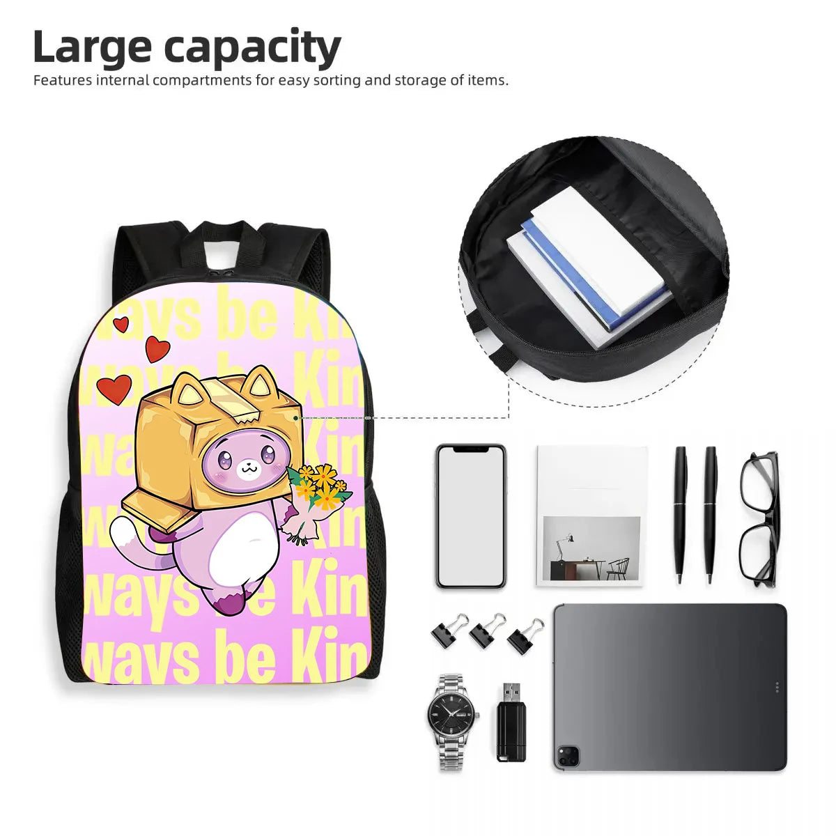 WOLYN Large Waterproof Lightweight Multicolor Nylon Fabric Cartoon Anime Lanky Box Games Design Polyester Lining Shoulder Straps-Handle Built-In Compartment External Pockets School Backpacks /Pencil Case / Colors-Black/Purple/Blue/Multicolor