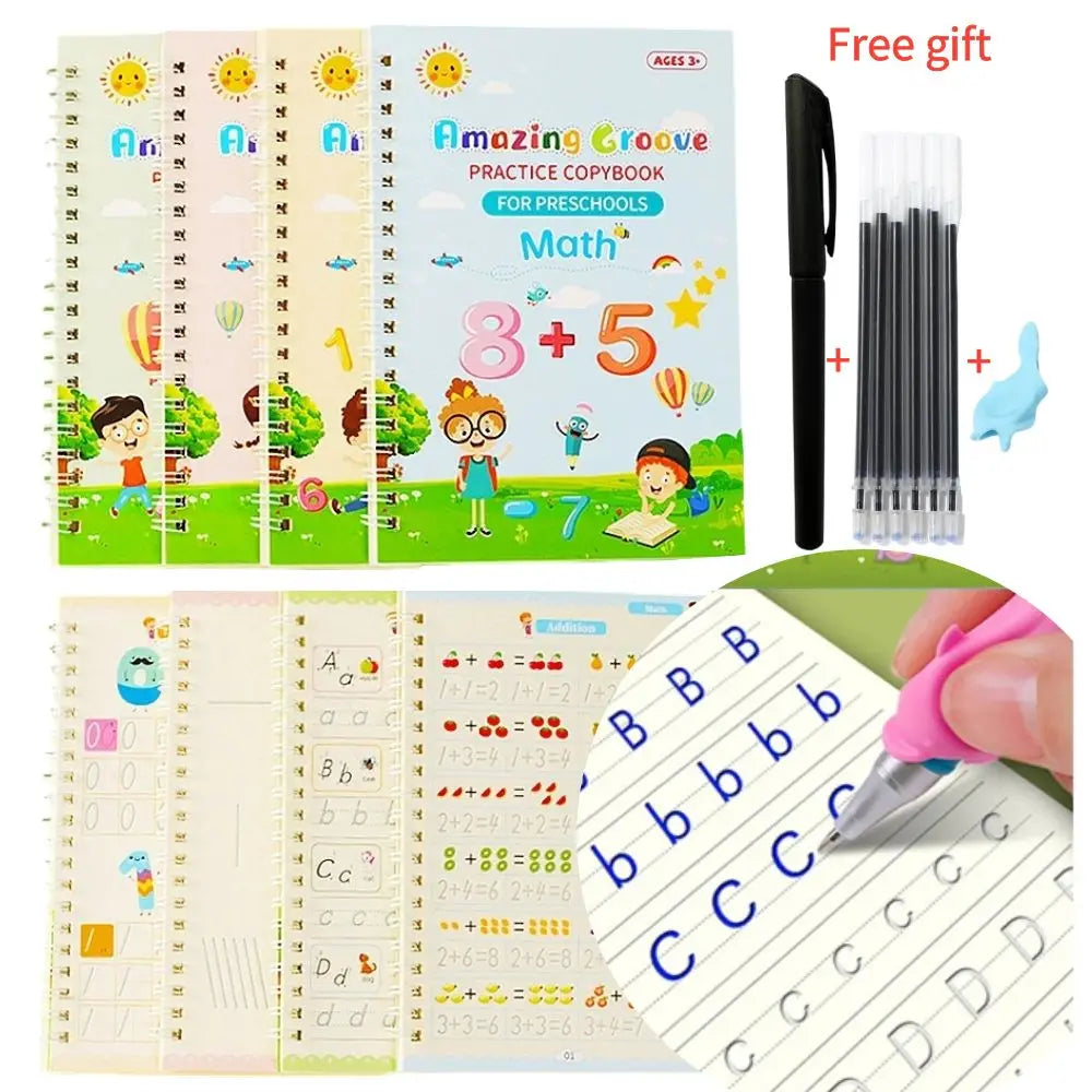 No-EN-Name-Null 4 PCS Parent-Kids Interacting Reading Amazing Groove Practice Copybook English Plastic-Cardboard Paper Copybooks Reusable Reading Toys /1 Pen Case/6 Refills/1 Holder/1 Free Pen Grip/Free Pens/Ages: 1-18 Years Old