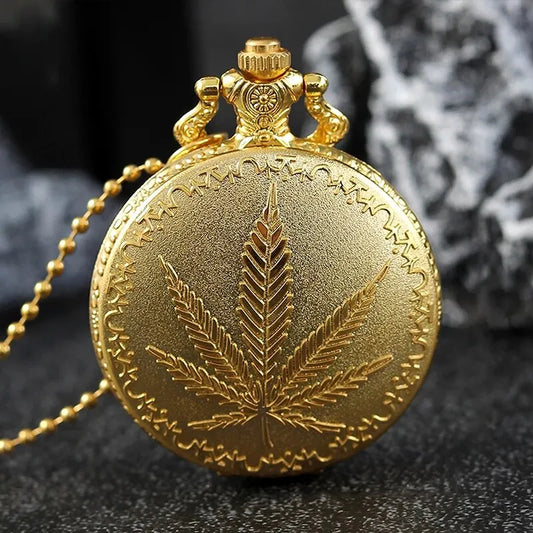 DIJANES Adults Quartz Analog Display Imitation Black Round Shaped Metal Alloy Case Abrasion-Resistant Glass Face Engraved Natural Floral Cannabis Leaf Design Pendant Chain-Pocket Watches