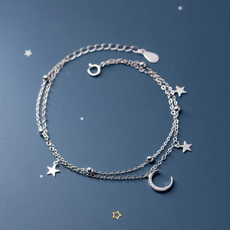 CHUHAN Women Sterling Silver-Plated Metal Geometric Double Layer Stars-Half Moon-Silver Tiny Bead Balls Charm Fine Imitation Chain Bracelets