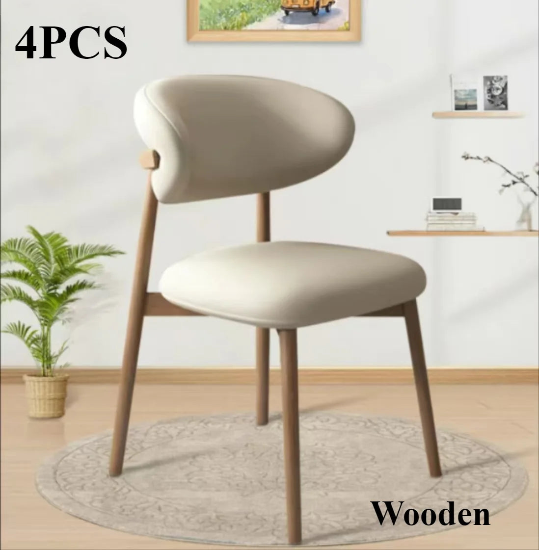 HUANHUI Cafe Genuine Leather Upholstered Curved Back Large-Soft Cushion Armless Dining Chairs/ 4 Wood Legs/ Colors-White/Black/Gray/Beige