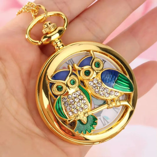 No-EN-Name-Null Adults Antique Quartz Plastic Face Analog-Digital Display Roman Numeral Gold-Brown Round Metal Alloy Case Hollow-Out White Crystal Diamond-Green Studded Two Owls Lovers On The Front-Floral Back Chain-Pocket Watches