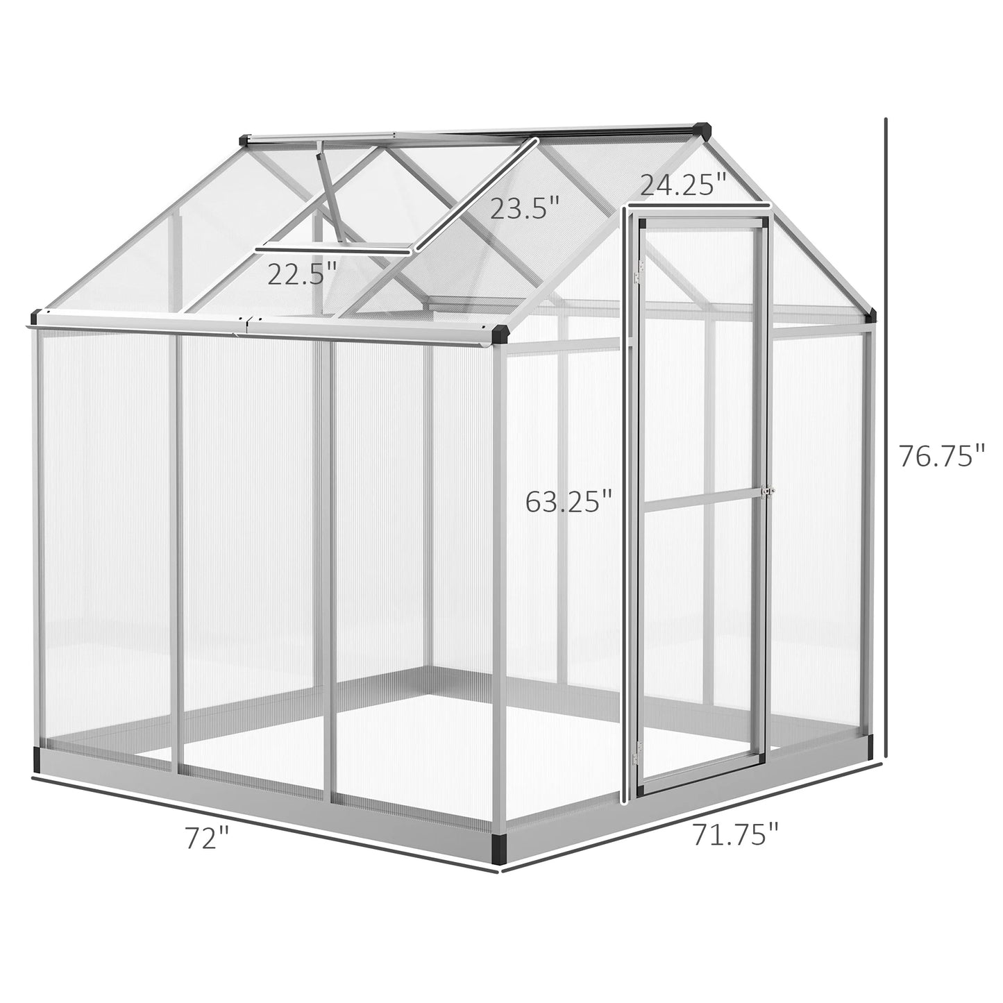 OUTSUNNY Outdoor Waterproof Heavy-Duty Walk-In-Cold Silver Aluminum Metal Frame Clear Transparent Polycarbonate Plastic Sheets Garden Greenhouses/ Dimensions 6' L X 6' W
