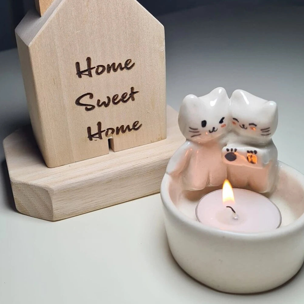 DUUTI Polyresin Heat Resistant White Cute Adorable Eye-Catching Cartoon Funny Cats-Dogs-Rabbits-Foxes Design Round Bottom Small Tea Lights Candle Holders
