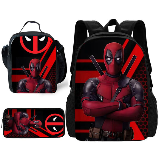 MINISO 3 PCS Waterproof Curved Back Nylon Fabric Cartoon Smiling Critters Super Hero Adjustable Straps-One Handle School Backpacks /Lunch Bags/Pencil Bag/Tablet Inserting Pocket/Water Bottle Pocket/Colors-Red/Black/Purple/Multicolor