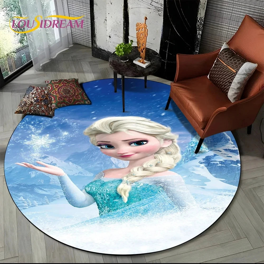 MINISO Indoor-Outdoor Kids Blue Background Round Shaped DISNEY'S Frozen II Movie Cartoon Anime Princess Elsa-Anna-Olaf Design Skid-Proof Bottom Polyester-Flannel Rugs/Colors-Blue/Red/Black/White