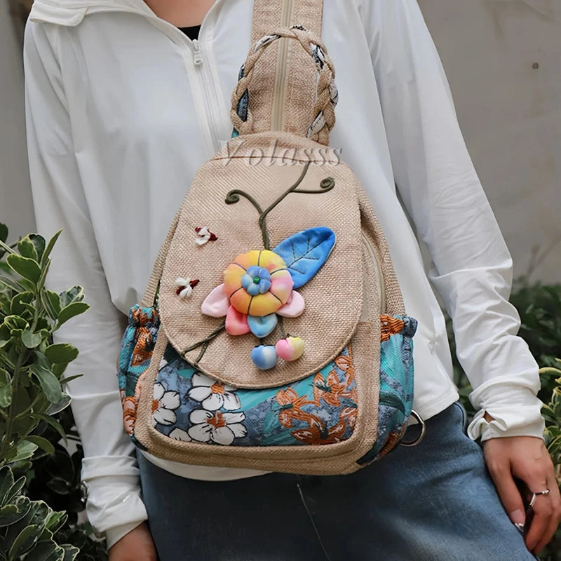 MOTAORA Women Large Handmade Waterproof Multicolor Canvas Fabric Floral Bohemian Design Anti-Theft Two Shoulder Straps-Handle Built-In Single Compartment External Pockets Travel Backpacks/Colors-Beige/Multicolor