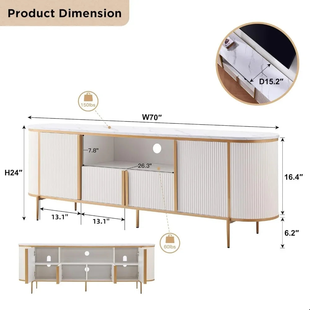 No-EN-Name-Null Modern Adjustable Dimensions Cable Managing-White Fluted Gold Metal Accents Curved Profile Design Entertainment Centers-TV Stands /Holds TVs Up to 80 inches/Colors-Navy Blue/White/Natural Oak