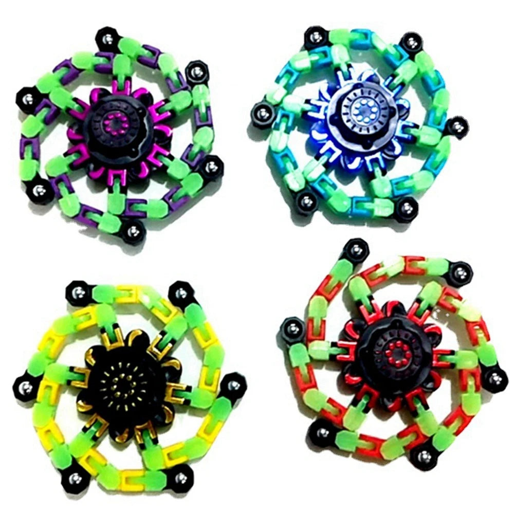 4 PCS Set ABS Plastic Fidget Spinning Top Glow-In-The-Dark Fingertip Funny Multicolor Deformable Robot Toys/ Ages: 13-18 + Years Old Adults/ Colors-Green/Black/Yellow/Multicolor/Striped/Geometric