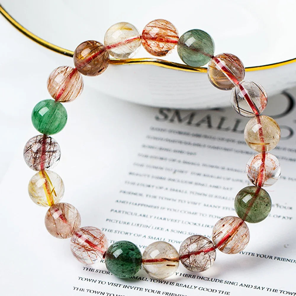 Adults Imitation Natural Crystal Colorful Rutilated Quartz Round Beaded Couple Bracelets/Colors-Multicolor/Black