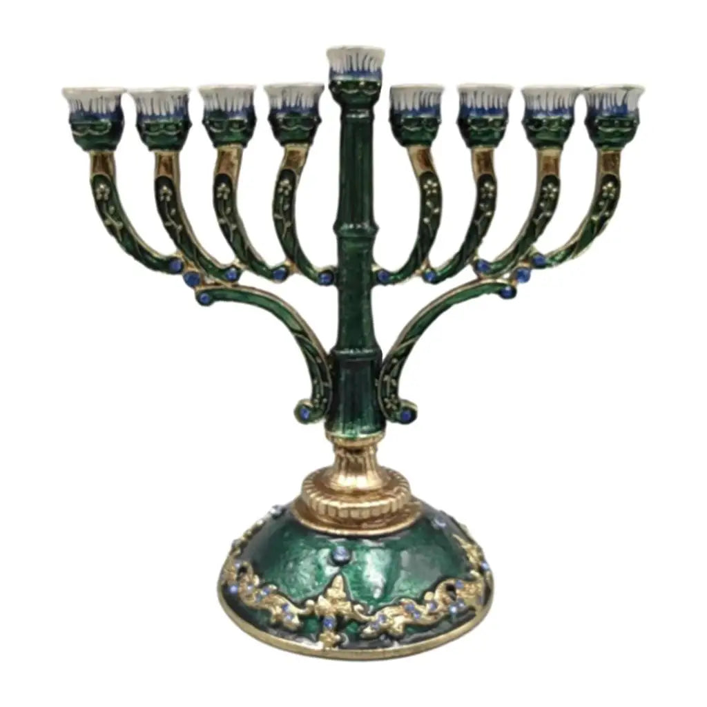 No-EN-Name-Null Antique Hand-Painted Bejeweled Menorah Jewish Nine Floral Branch Enameled Metal Candelabras/Colors-Green/Blue/Floral