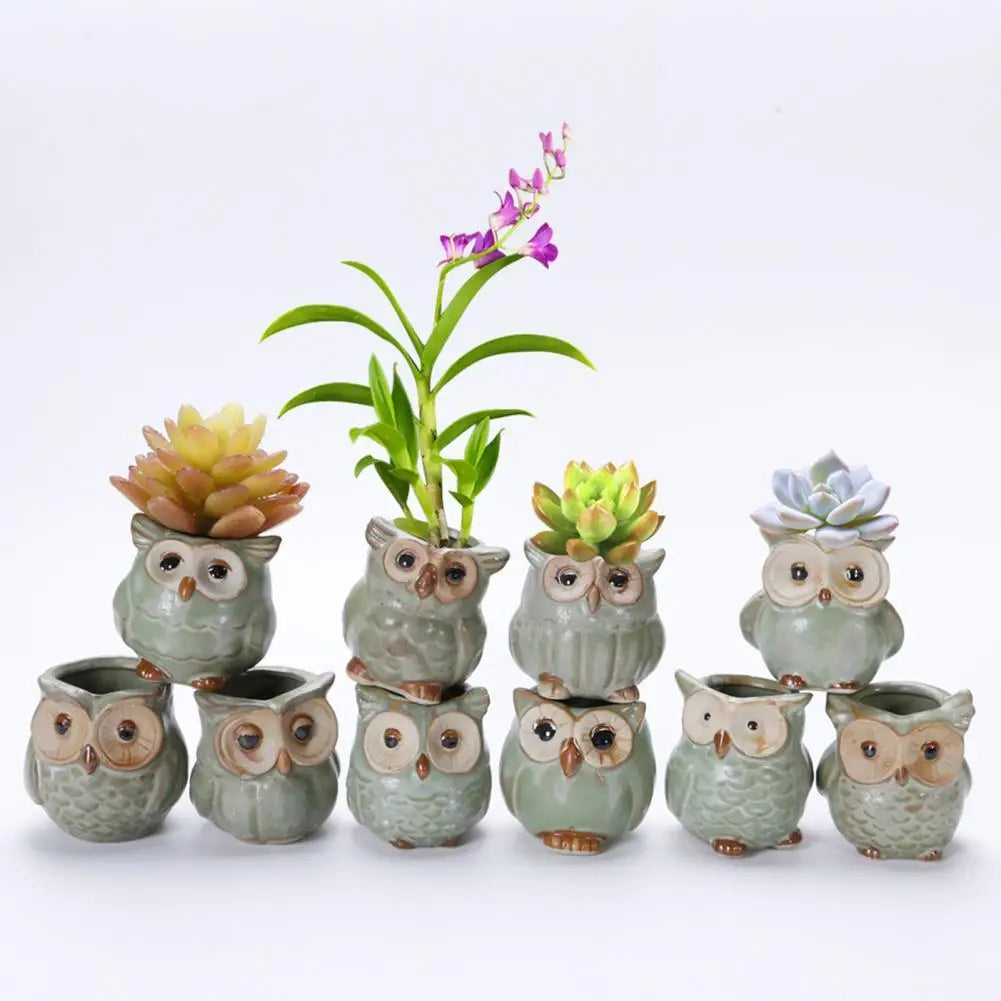 No-EN-Name-Null Modern Mini Green Ceramic Cute Owl Shaped Animal Desktop Flower Pots