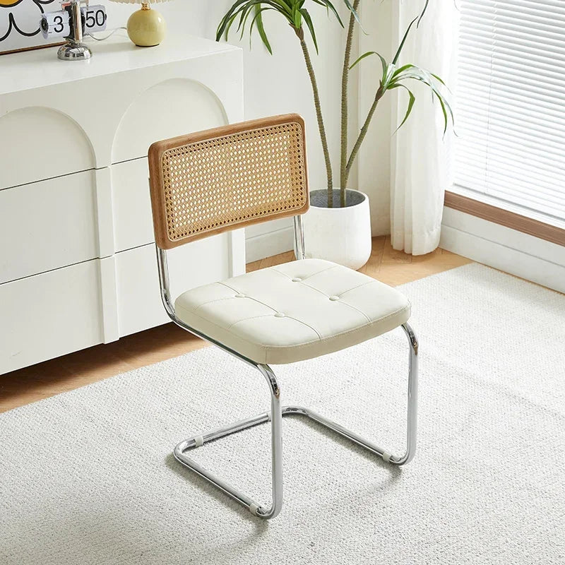 No-EN-Name-Null Nordic Armless Woven Rattan Brown Solid Wood Beige Meshed Hard Backrest-Faux Leather Seat Cushion Silver Stainless Steel Metal Frame-Legs Kitchen-Dining Room Chairs/Colors-Brown/Green/Black/Gray/Orange