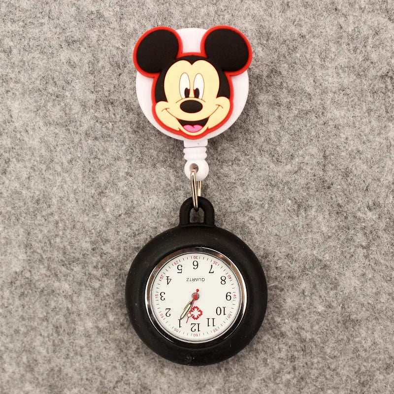 MINISO Adults Waterproof Quartz Round Red-Black Rubber Cover Metal Acrylic Case-Face Arabic Numeral Cute Cartoon Couples Minnie-Mickey Mouse-Daffy-Daisy Duck Clip-On Fob Pocket Watches/Colors-Gray/Orange/Gold/Green/Pink/Black/Brown/Blue