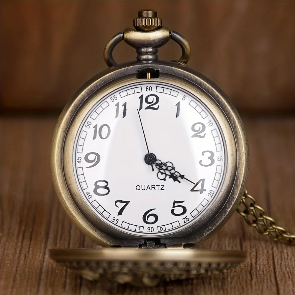 SOXY Adults Men Retro Round Shaped Glass Window Face Analog Display Stainless Steel Metal Black-Bronze Octopus Sea Creature Quartz Movement Chain-Pocket Watches