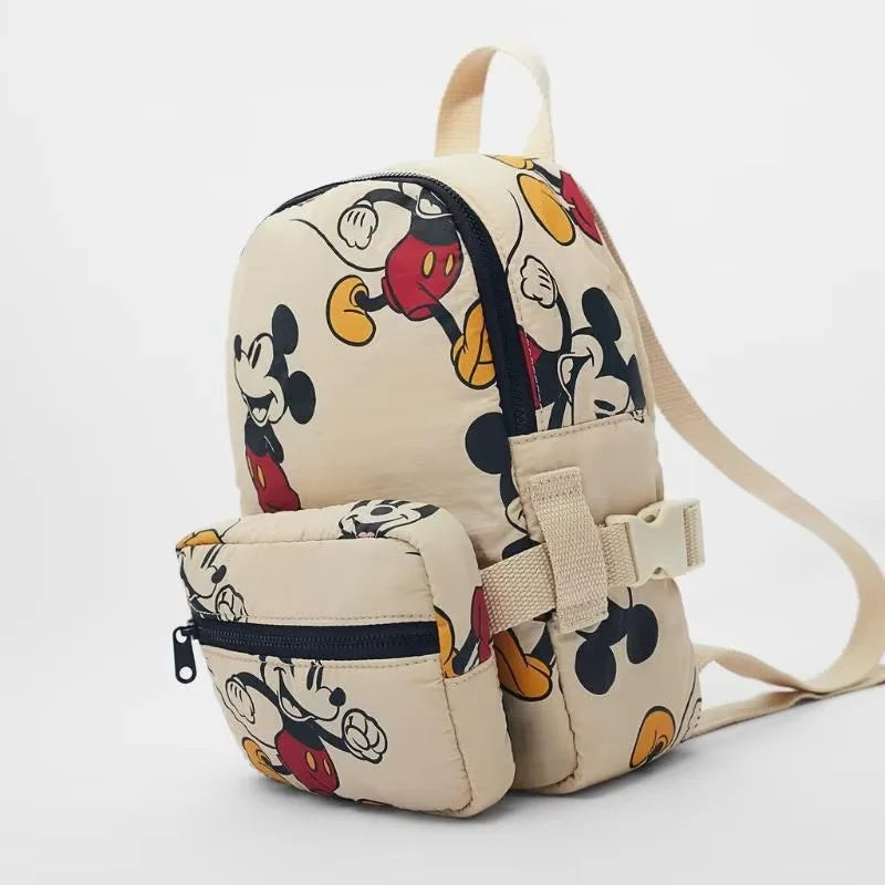 MINISO Kids Mini Disney Beige Cute Cartoon Mickey Mouse Black Metal Zippers-Detachable Front Pocket Lightweight Waterproof Nylon Fabric Shoulder Straps-Handle School Backpacks/Single Laptop Compartment